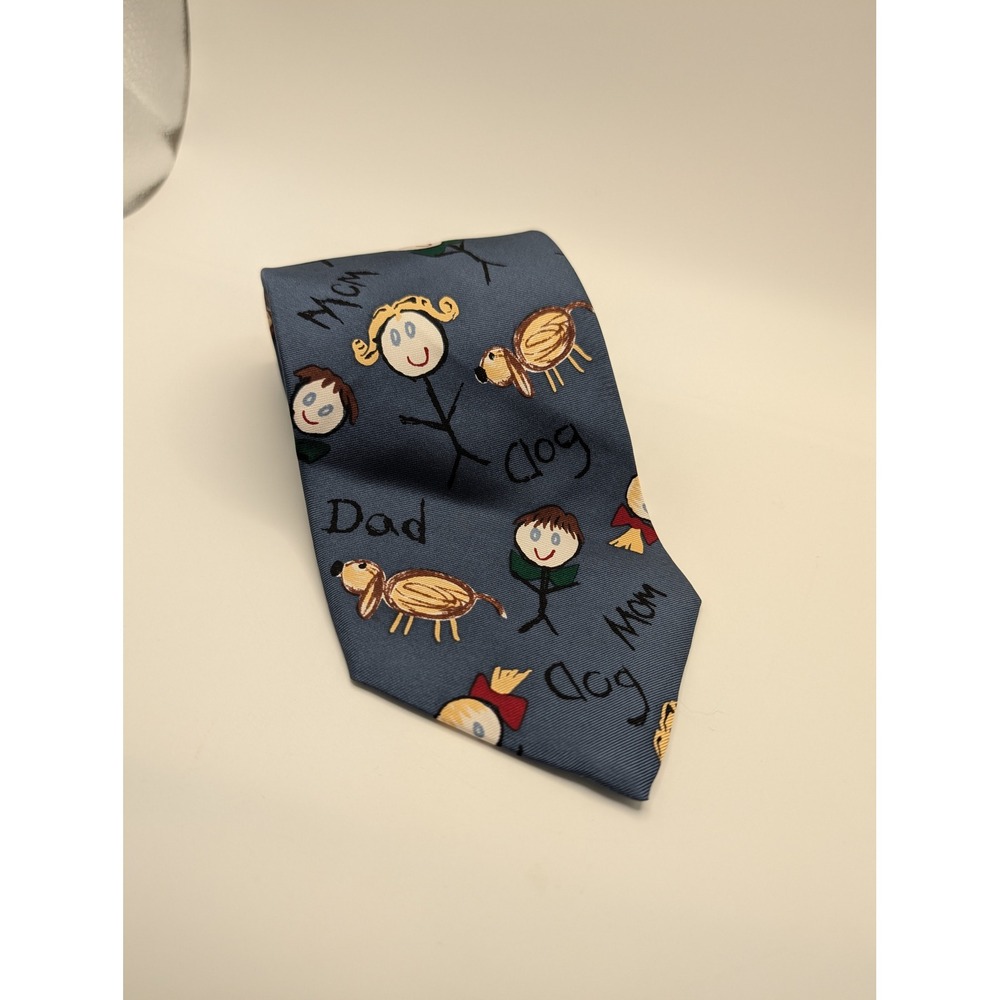 Save the Children Mens Silk Tie Blue Novelty Family Stick Figure Drawing Print